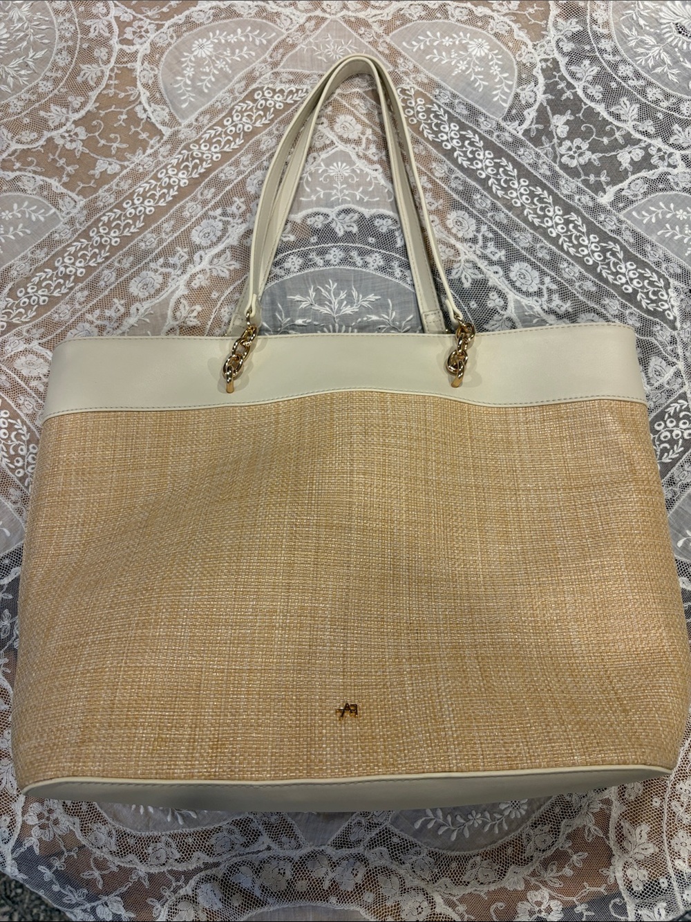 Cream & Natural Woven Tote with Gold Hardware
